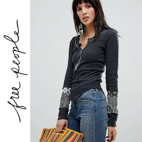 Free People Tops - Free People Gray Patch Sleeve Railroad Henley Top